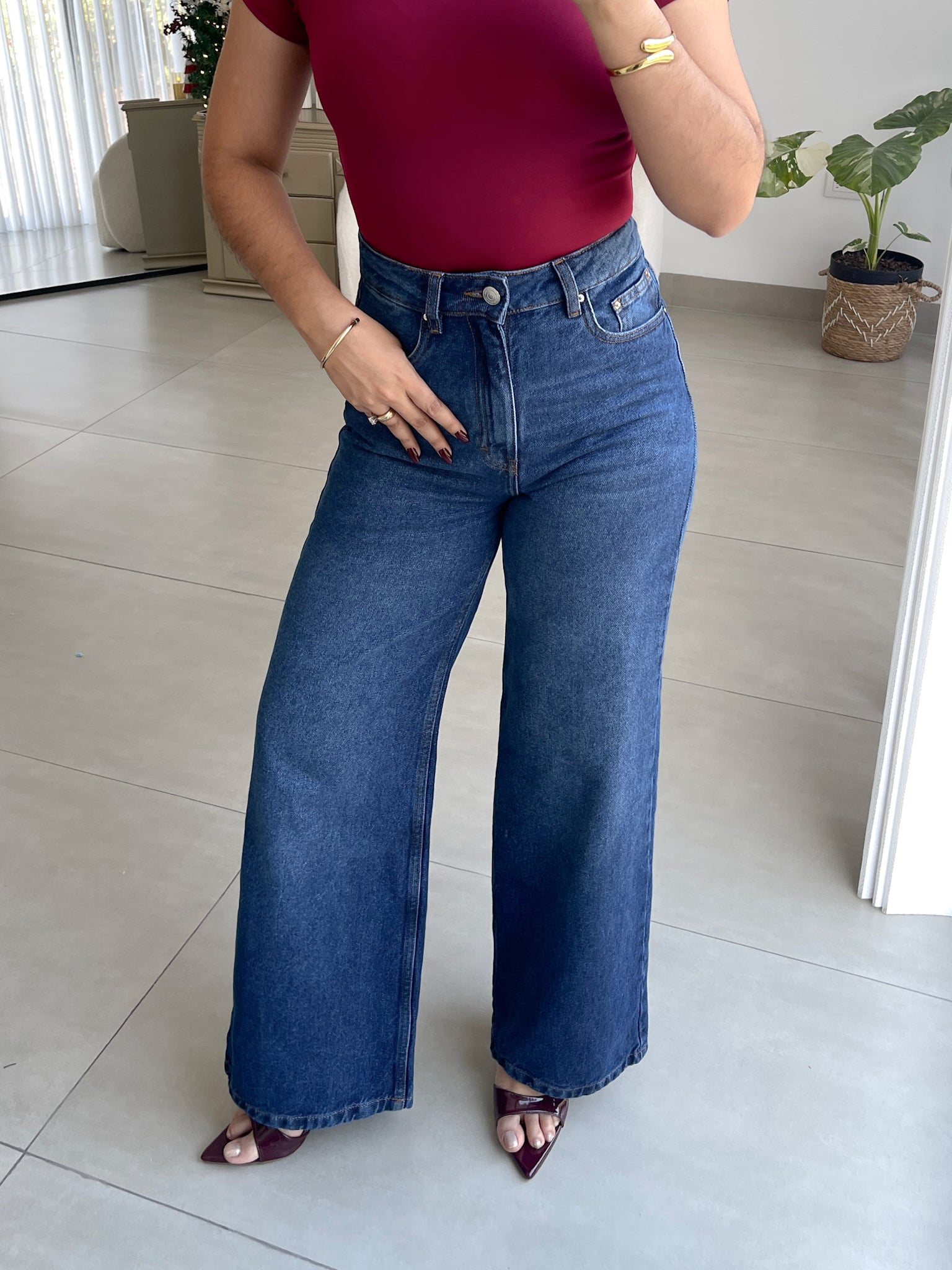 Wide leg regular jeans bigotes azul