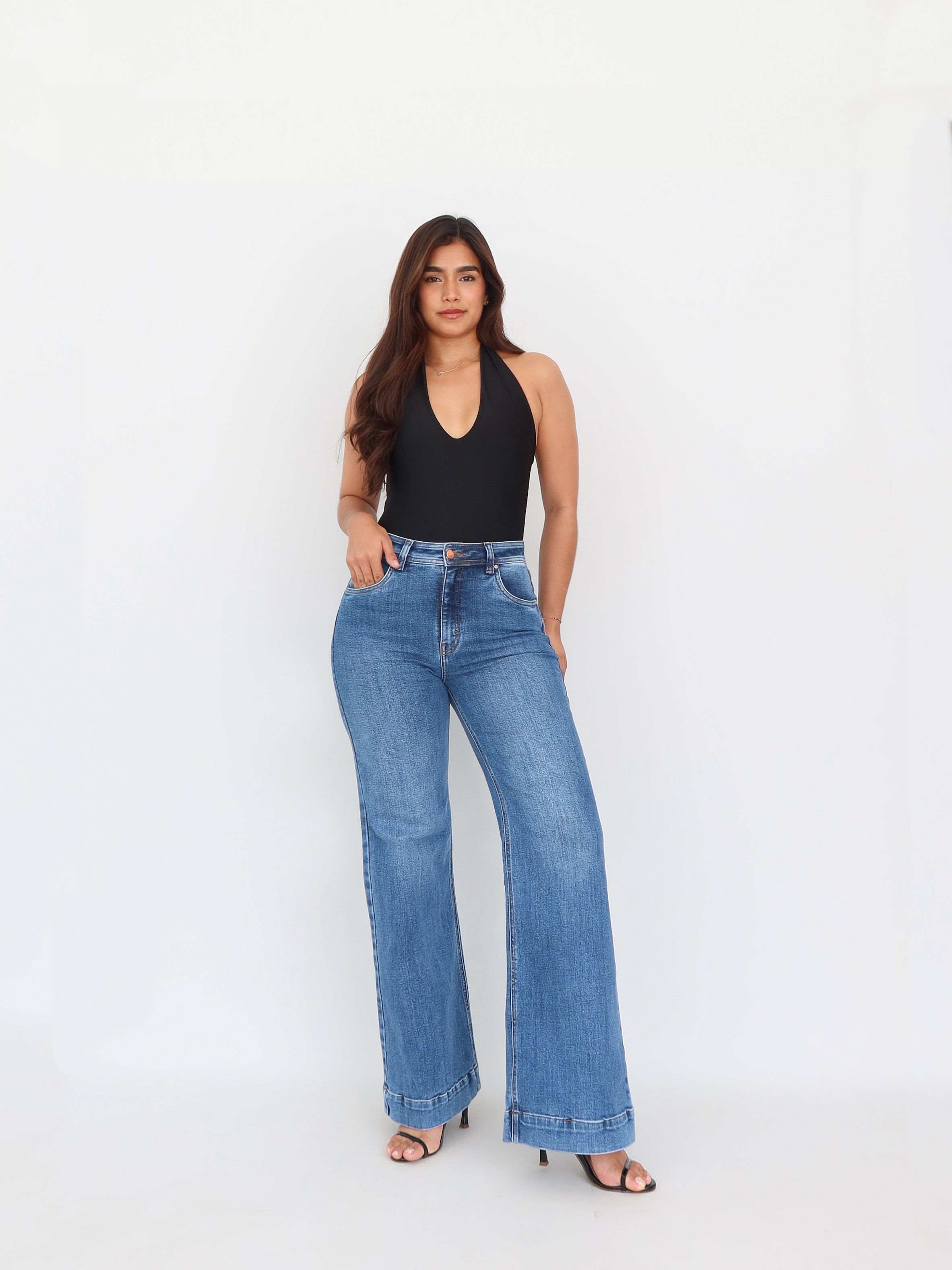 Wide leg long jeans stretch azul medio