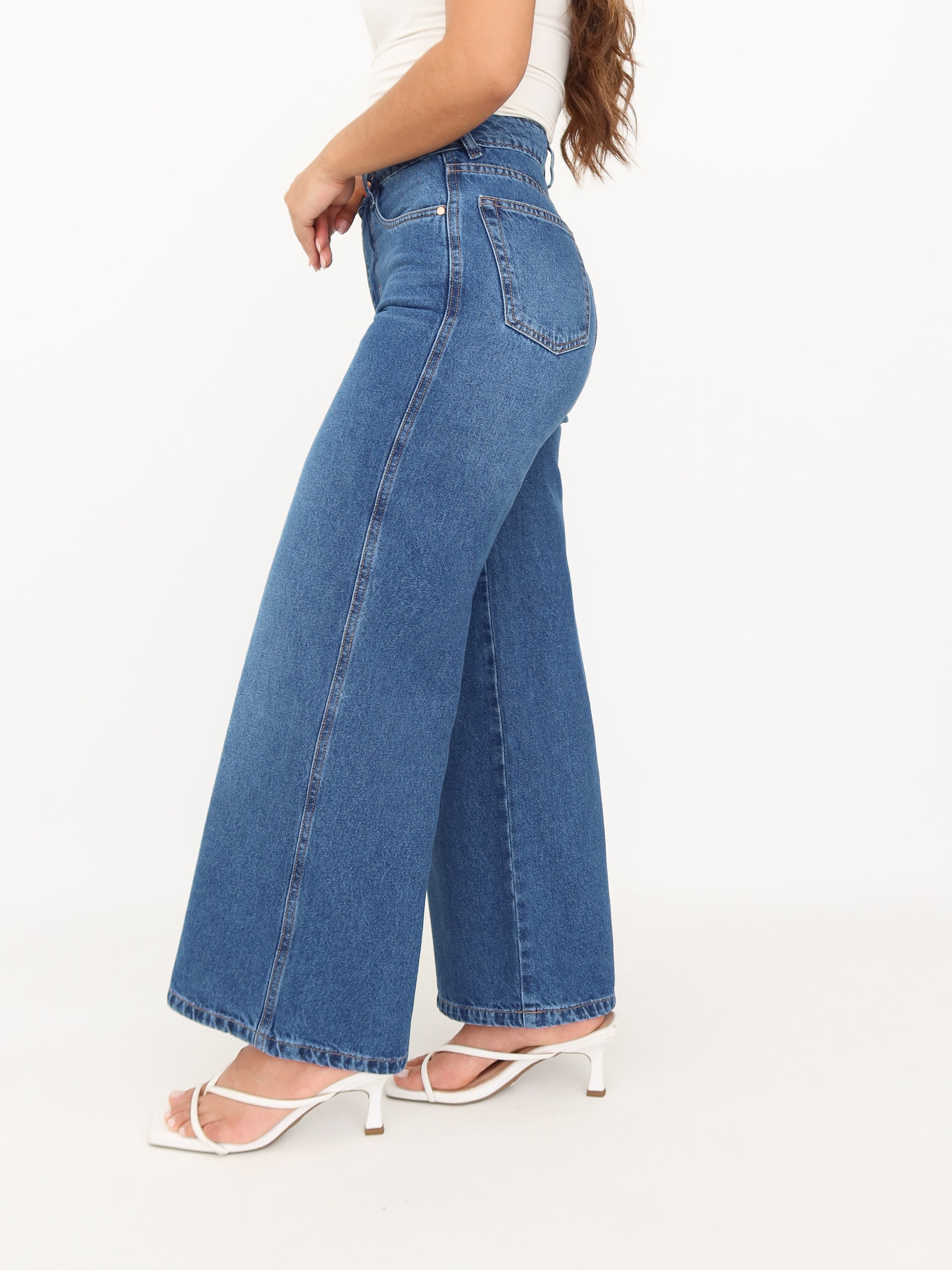 Mini wide leg jeans azul medio