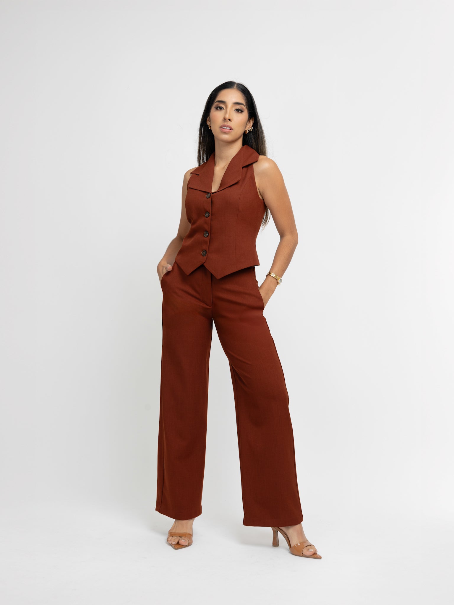 Straight pants elástico midi terracota